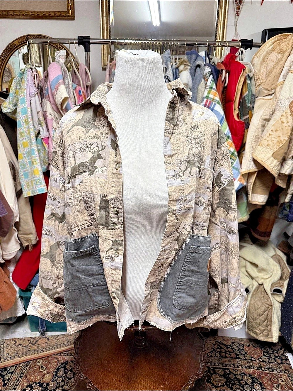 One of one upcycled Carhartt Women's hunting camo Utility Jacket in Beige & Gray